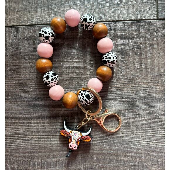 Longhorn Western Bead Wristlet Keychain Silicone Wood - Picture 2 of 2